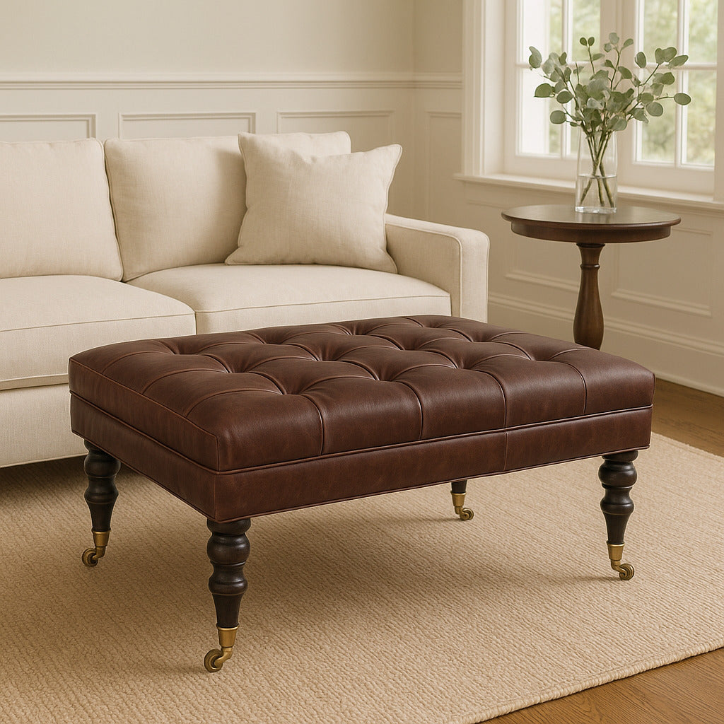 Sutton Buffalo Leather Brown Tufted Ottoman with Castor Legs