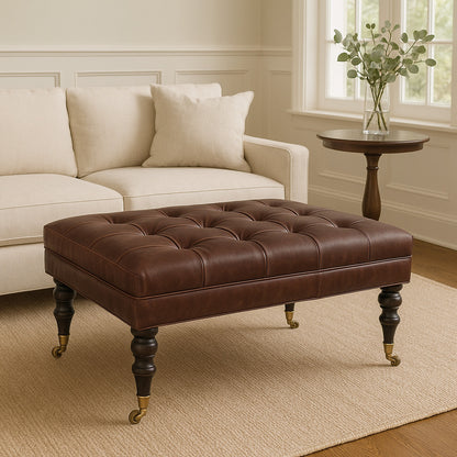 Sutton Buffalo Leather Brown Tufted Ottoman with Castor Legs