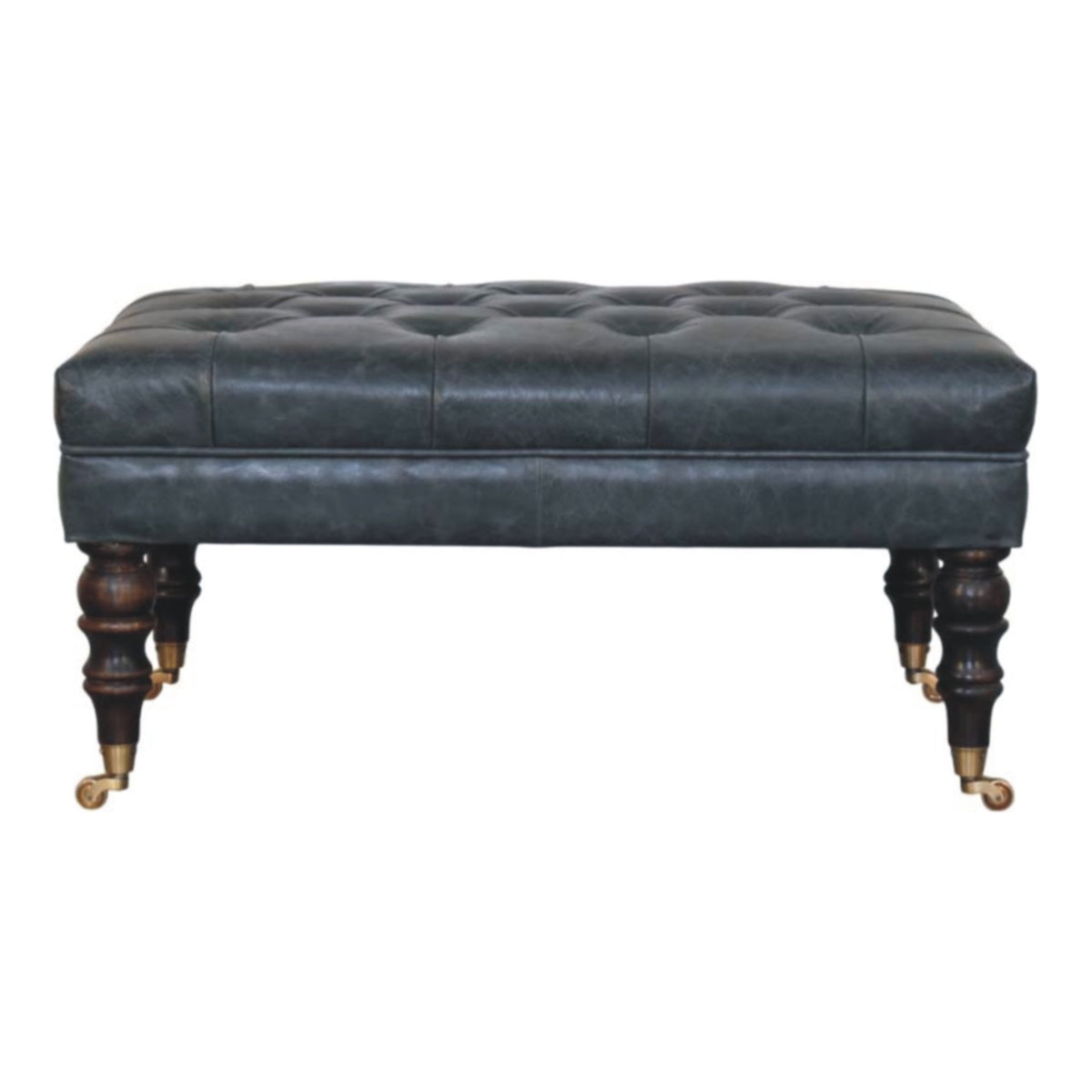 Sutton Buffalo Leather Teal Tufted Ottoman with Castor Legs