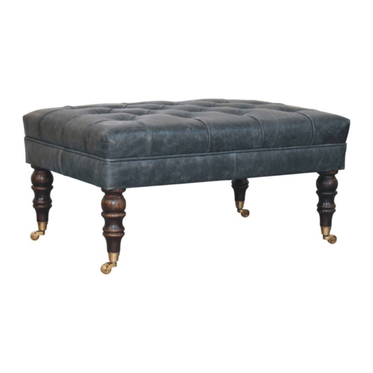 Sutton Buffalo Leather Teal Tufted Ottoman with Castor Legs