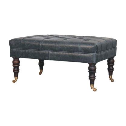 Sutton Buffalo Leather Teal Tufted Ottoman with Castor Legs