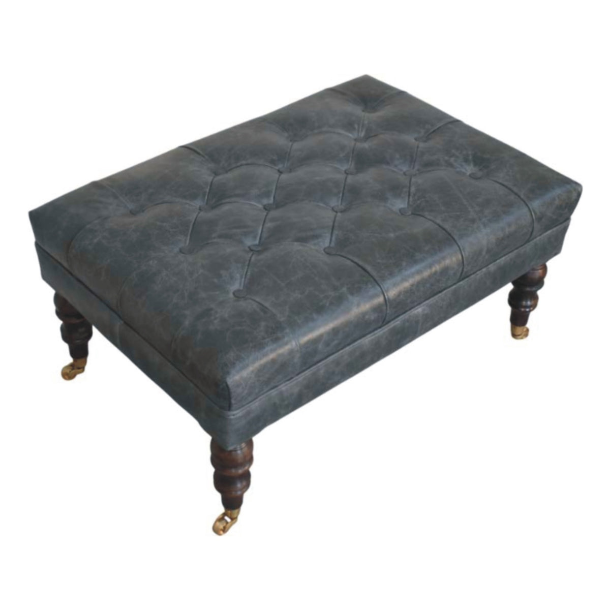 Sutton Buffalo Leather Teal Tufted Ottoman with Castor Legs