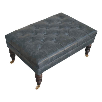 Sutton Buffalo Leather Teal Tufted Ottoman with Castor Legs