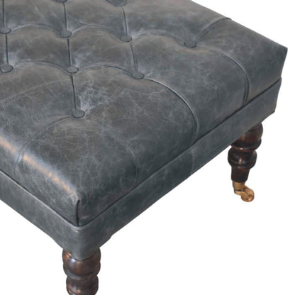 Sutton Buffalo Leather Teal Tufted Ottoman with Castor Legs