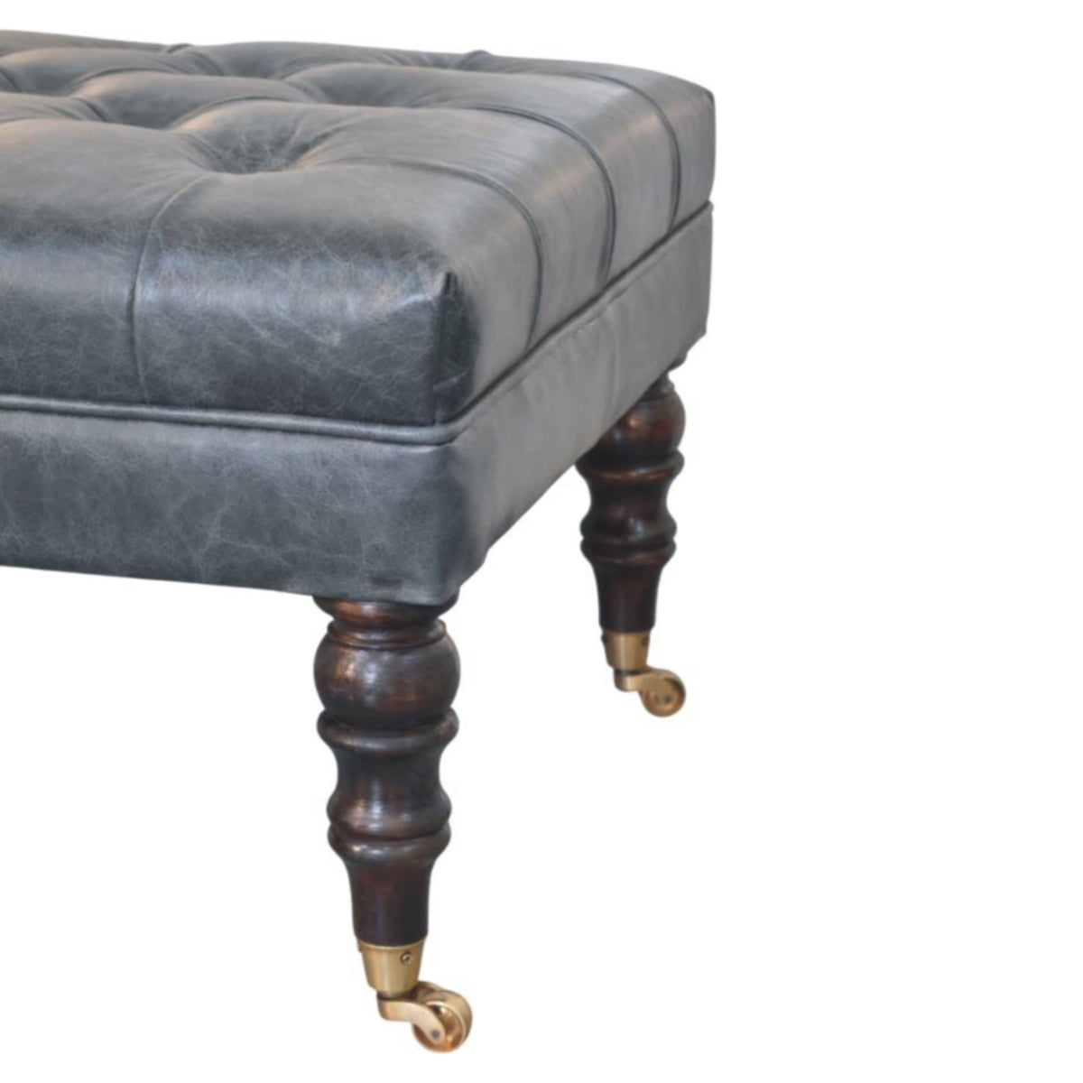 Sutton Buffalo Leather Teal Tufted Ottoman with Castor Legs