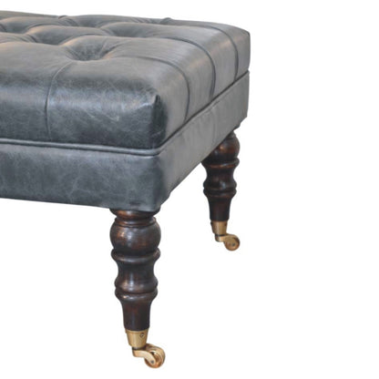 Sutton Buffalo Leather Teal Tufted Ottoman with Castor Legs
