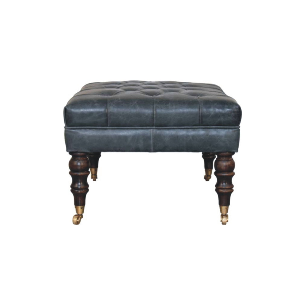 Sutton Buffalo Leather Teal Tufted Ottoman with Castor Legs