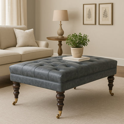 Sutton Buffalo Leather Teal Tufted Ottoman with Castor Legs