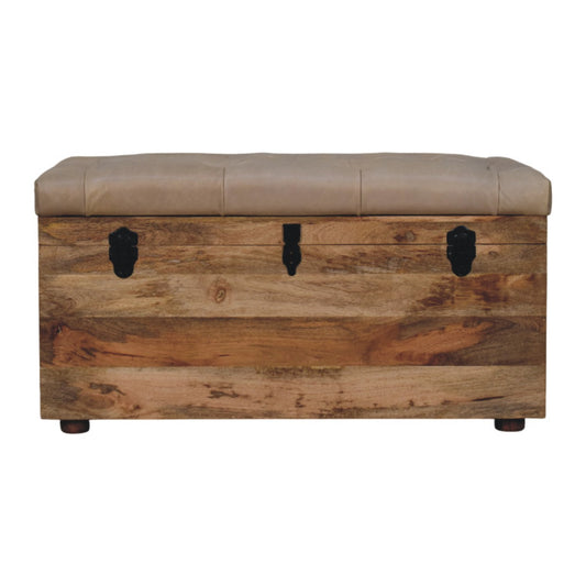 Sutton Buffalo Leather Beige Tufted Storage Trunk Bench