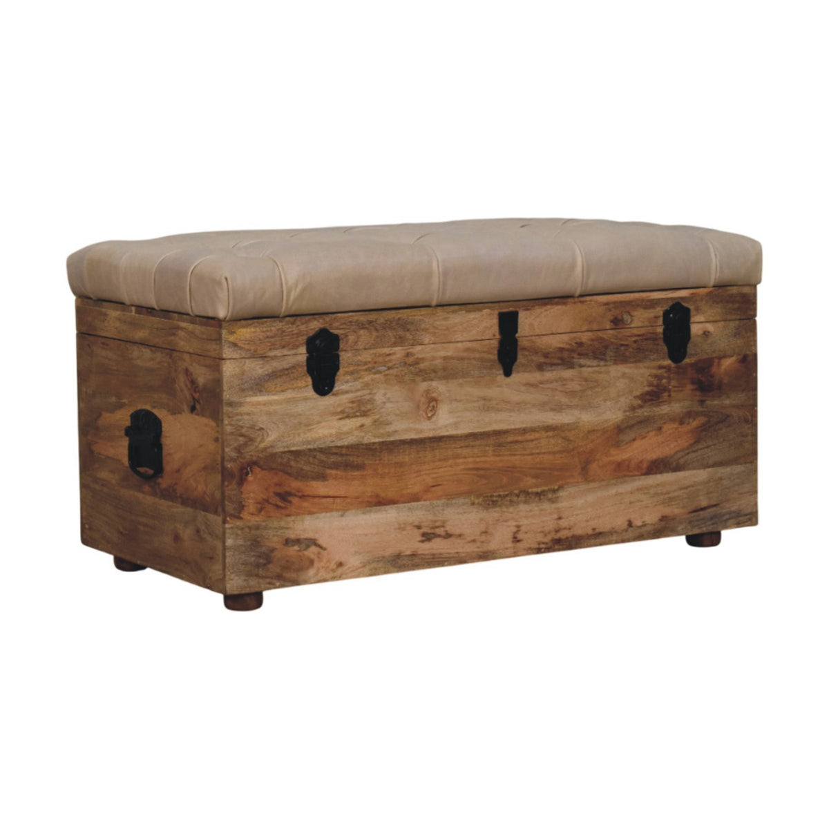 Sutton Buffalo Leather Beige Tufted Storage Trunk Bench