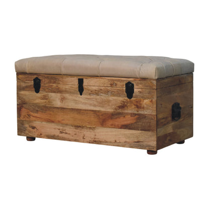 Sutton Buffalo Leather Beige Tufted Storage Trunk Bench