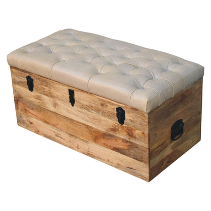 Sutton Buffalo Leather Beige Tufted Storage Trunk Bench
