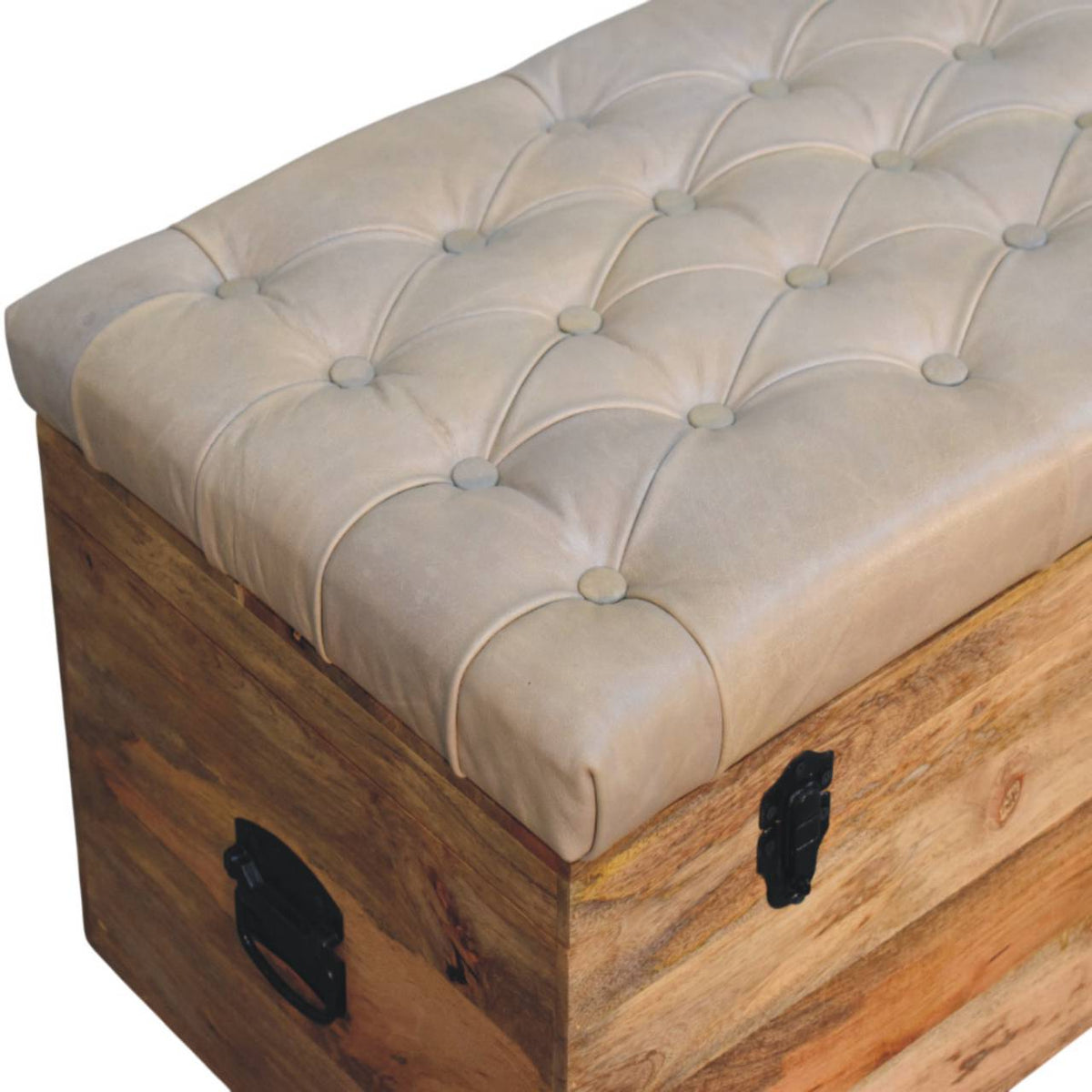 Sutton Buffalo Leather Beige Tufted Storage Trunk Bench
