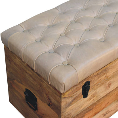 Sutton Buffalo Leather Beige Tufted Storage Trunk Bench