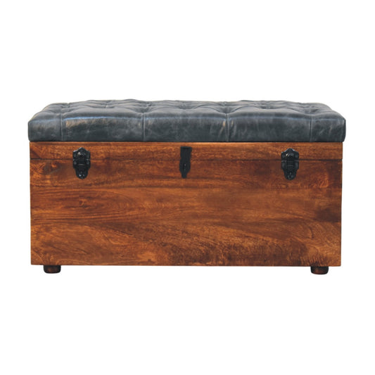 Sutton Buffalo Leather Black Tufted Storage Trunk Bench