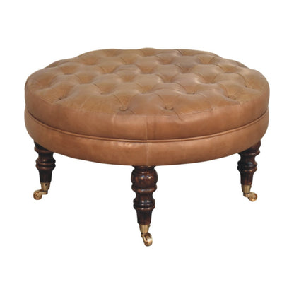 Sutton Buffalo Leather Round Tufted Ottoman