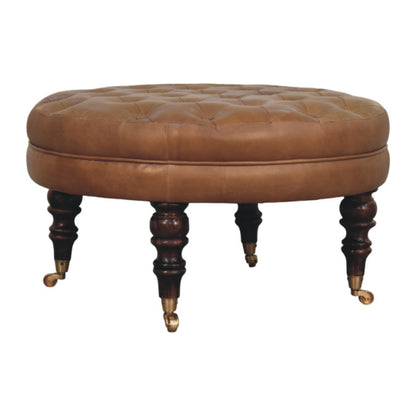 Sutton Buffalo Leather Round Tufted Ottoman