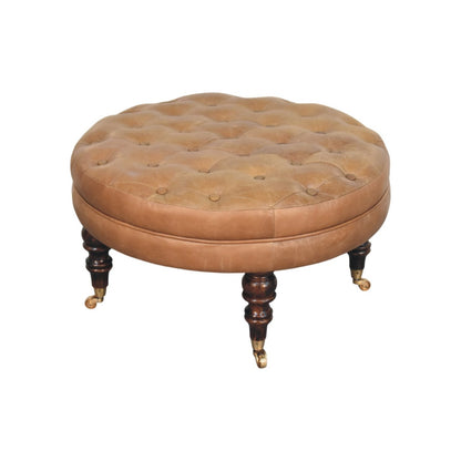 Sutton Buffalo Leather Round Tufted Ottoman