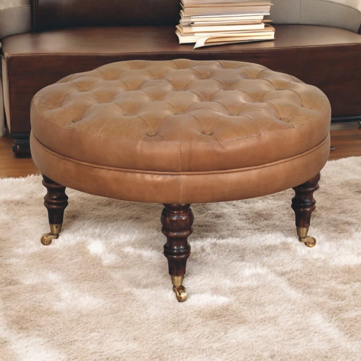 Sutton Buffalo Leather Round Tufted Ottoman