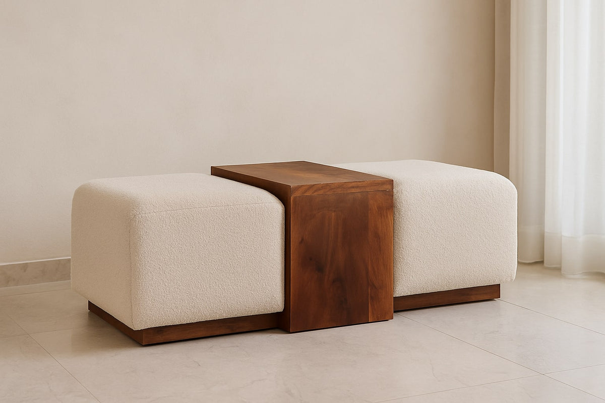 Bouclé Montauk Arden Bench Duo with Solid Wood Table