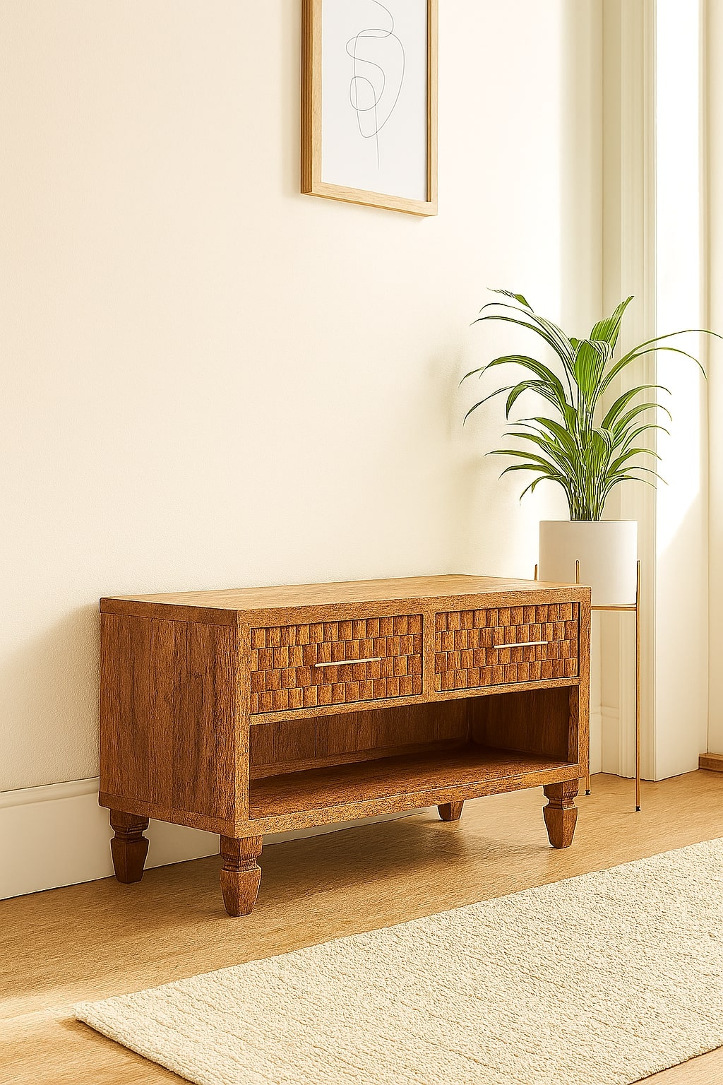 Santa Fe Carved Teak Wood Entryway Shoe Bench
