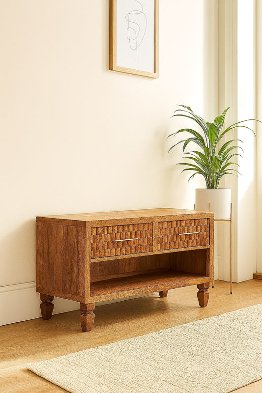Santa Fe Carved Teak Wood Entryway Shoe Bench