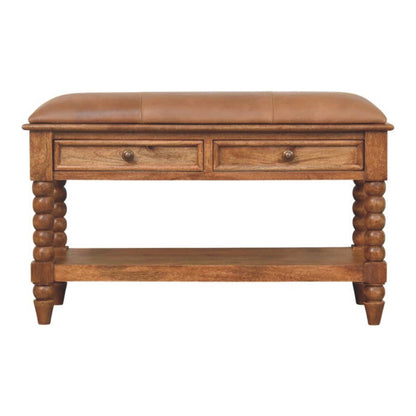Sutton Buffalo Leather Spindle Amber Oak Bench with Storage