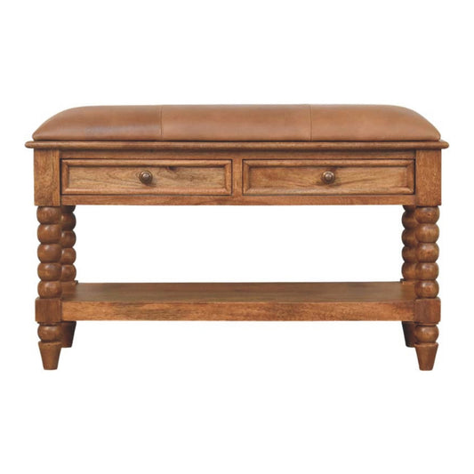 Sutton Buffalo Leather Spindle Amber Oak Bench with Storage