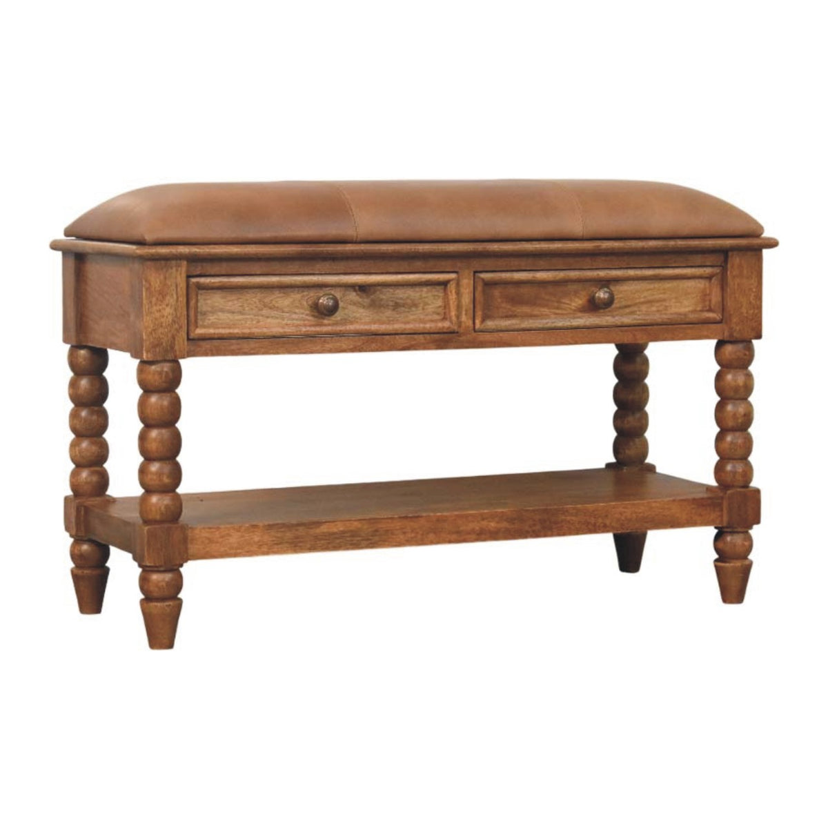 Sutton Buffalo Leather Spindle Amber Oak Bench with Storage