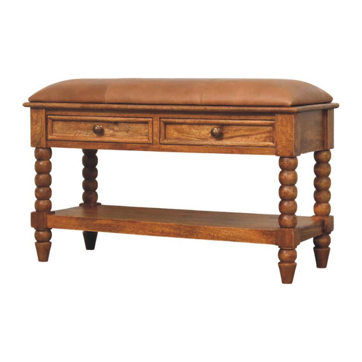 Sutton Buffalo Leather Spindle Amber Oak Bench with Storage