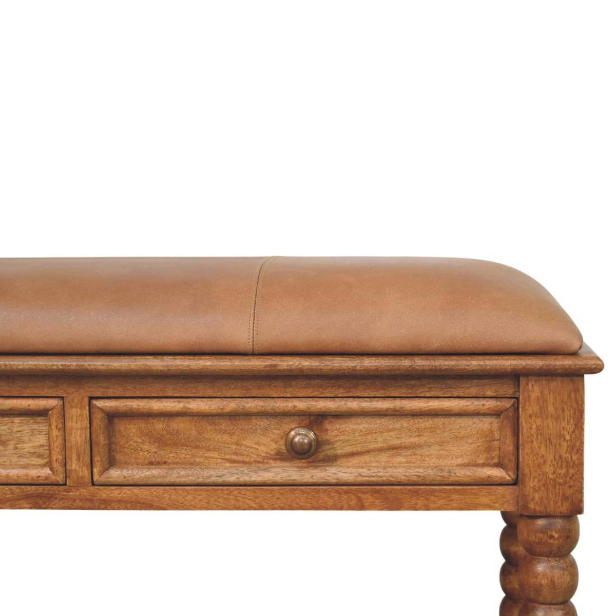 Sutton Buffalo Leather Spindle Amber Oak Bench with Storage