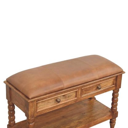 Sutton Buffalo Leather Spindle Amber Oak Bench with Storage