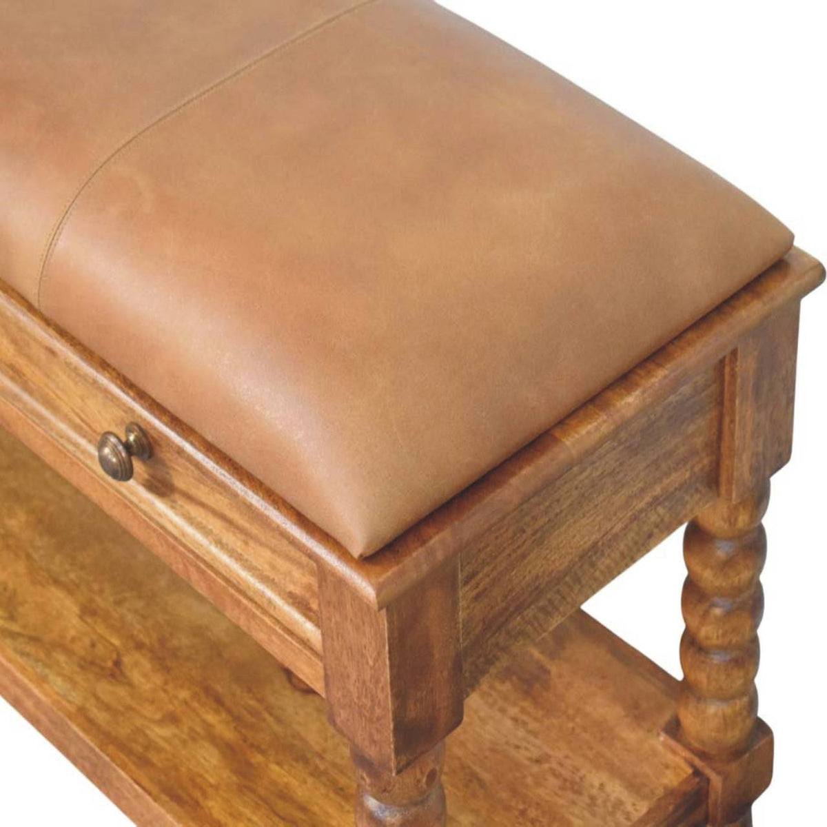 Sutton Buffalo Leather Spindle Amber Oak Bench with Storage