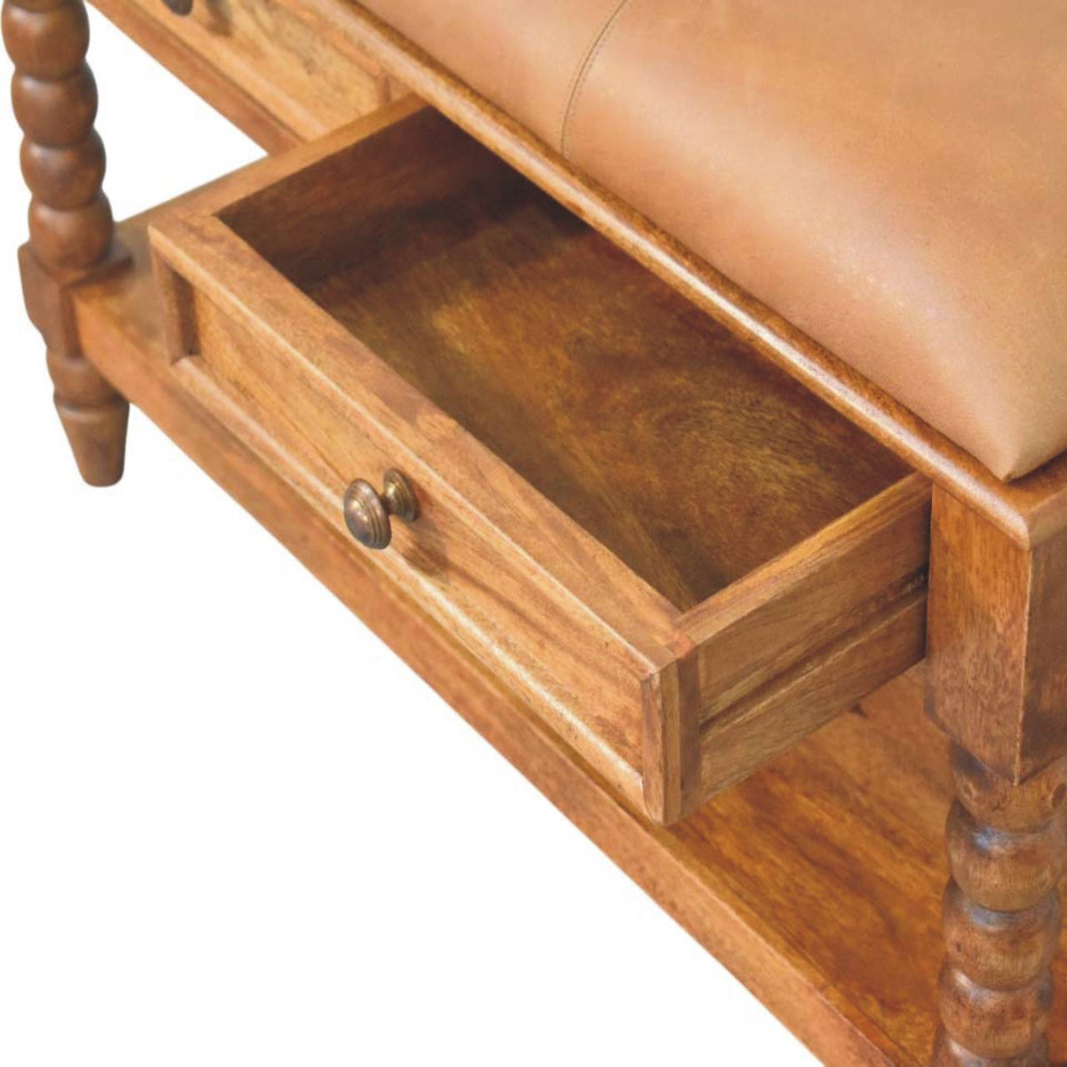 Sutton Buffalo Leather Spindle Amber Oak Bench with Storage