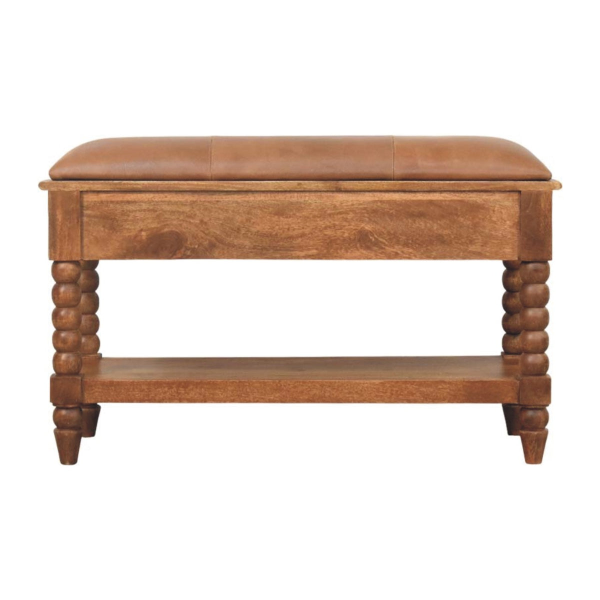 Sutton Buffalo Leather Spindle Amber Oak Bench with Storage
