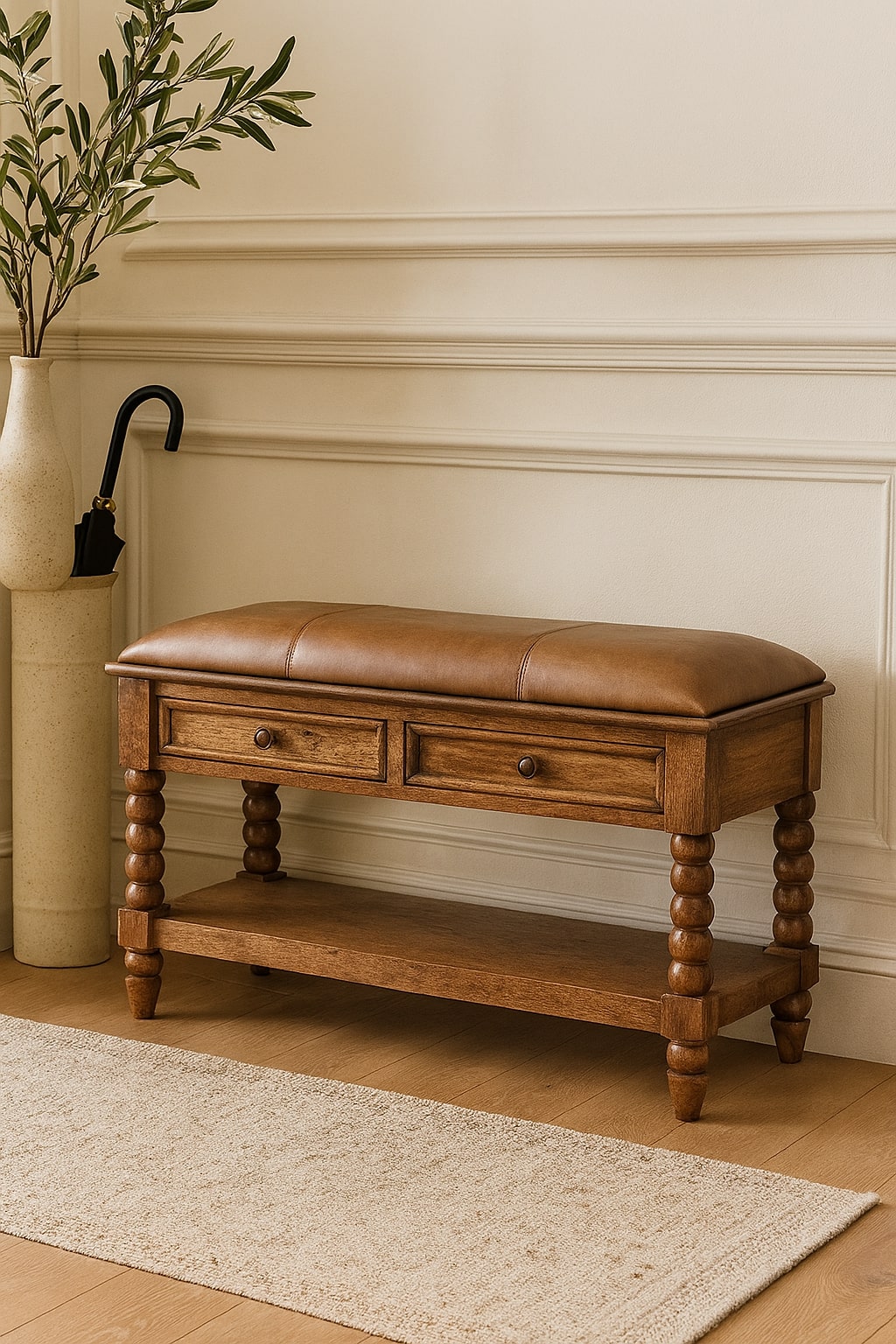 Sutton Buffalo Leather Spindle Amber Oak Bench with Storage