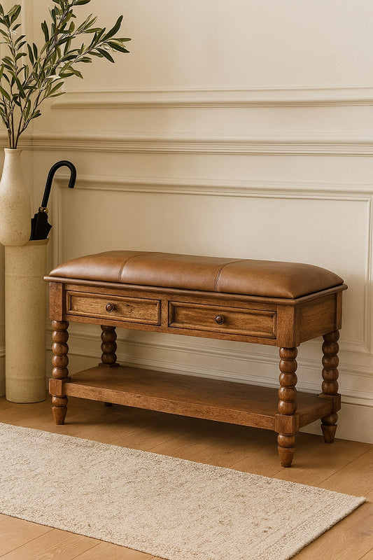 Sutton Buffalo Leather Spindle Amber Oak Bench with Storage