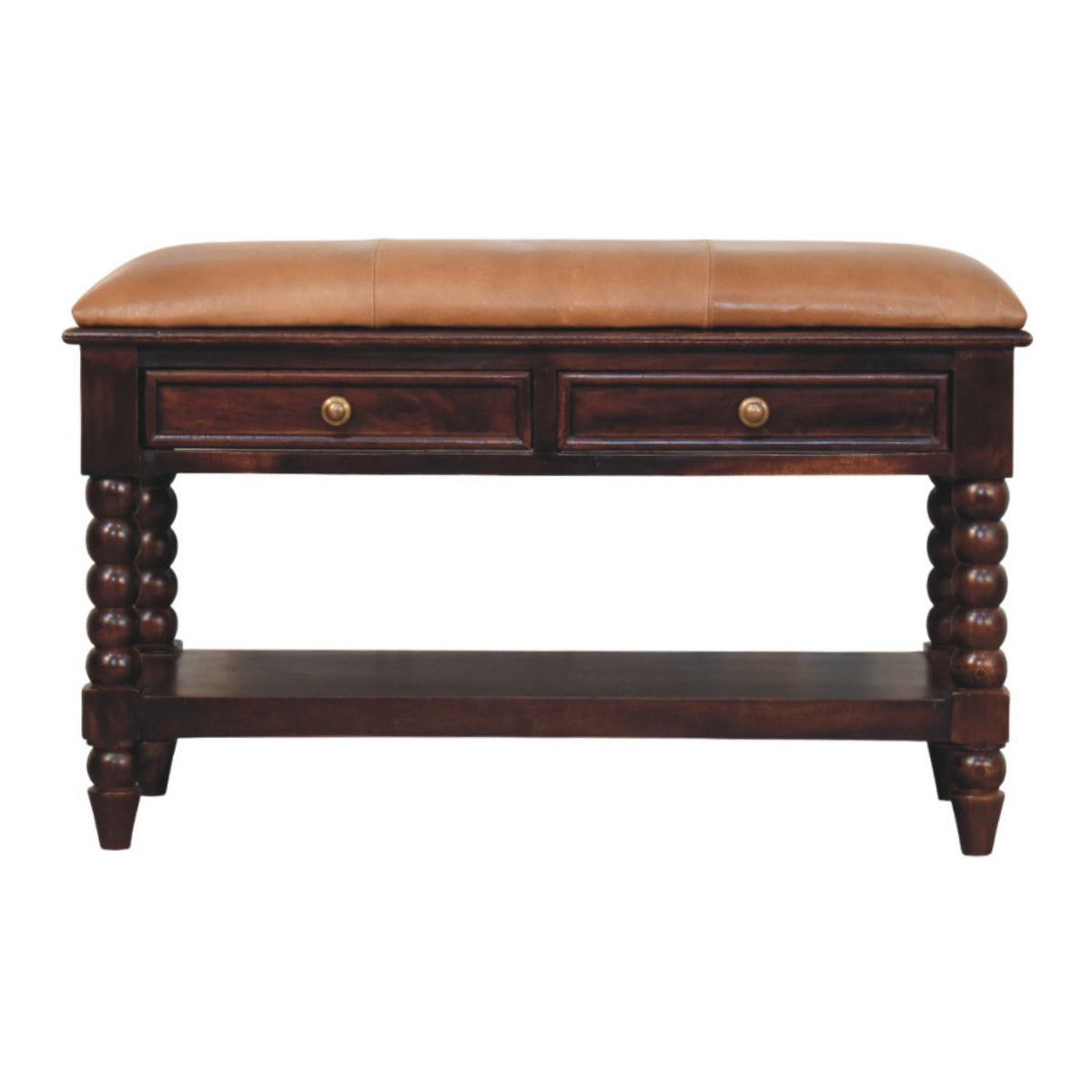 Sutton Buffalo Leather Spindle Winewood Bench with Storage