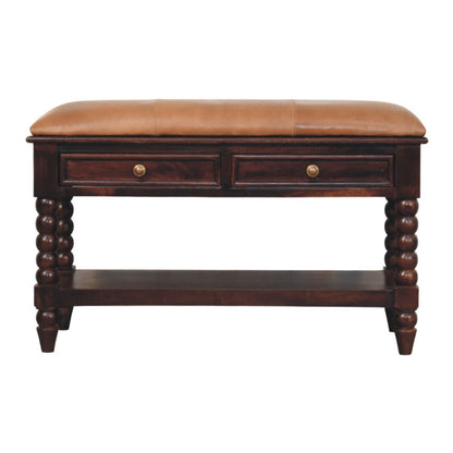 Sutton Buffalo Leather Spindle Winewood Bench with Storage