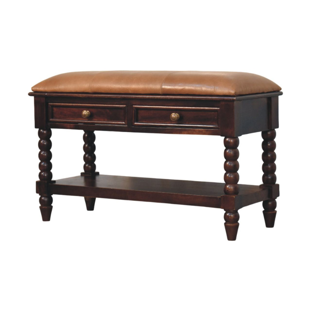 Sutton Buffalo Leather Spindle Winewood Bench with Storage