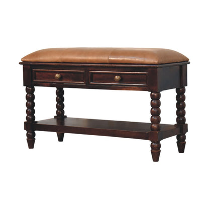 Sutton Buffalo Leather Spindle Winewood Bench with Storage