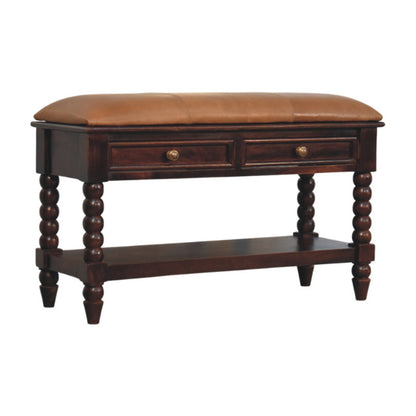 Sutton Buffalo Leather Spindle Winewood Bench with Storage