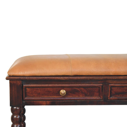 Sutton Buffalo Leather Spindle Winewood Bench with Storage
