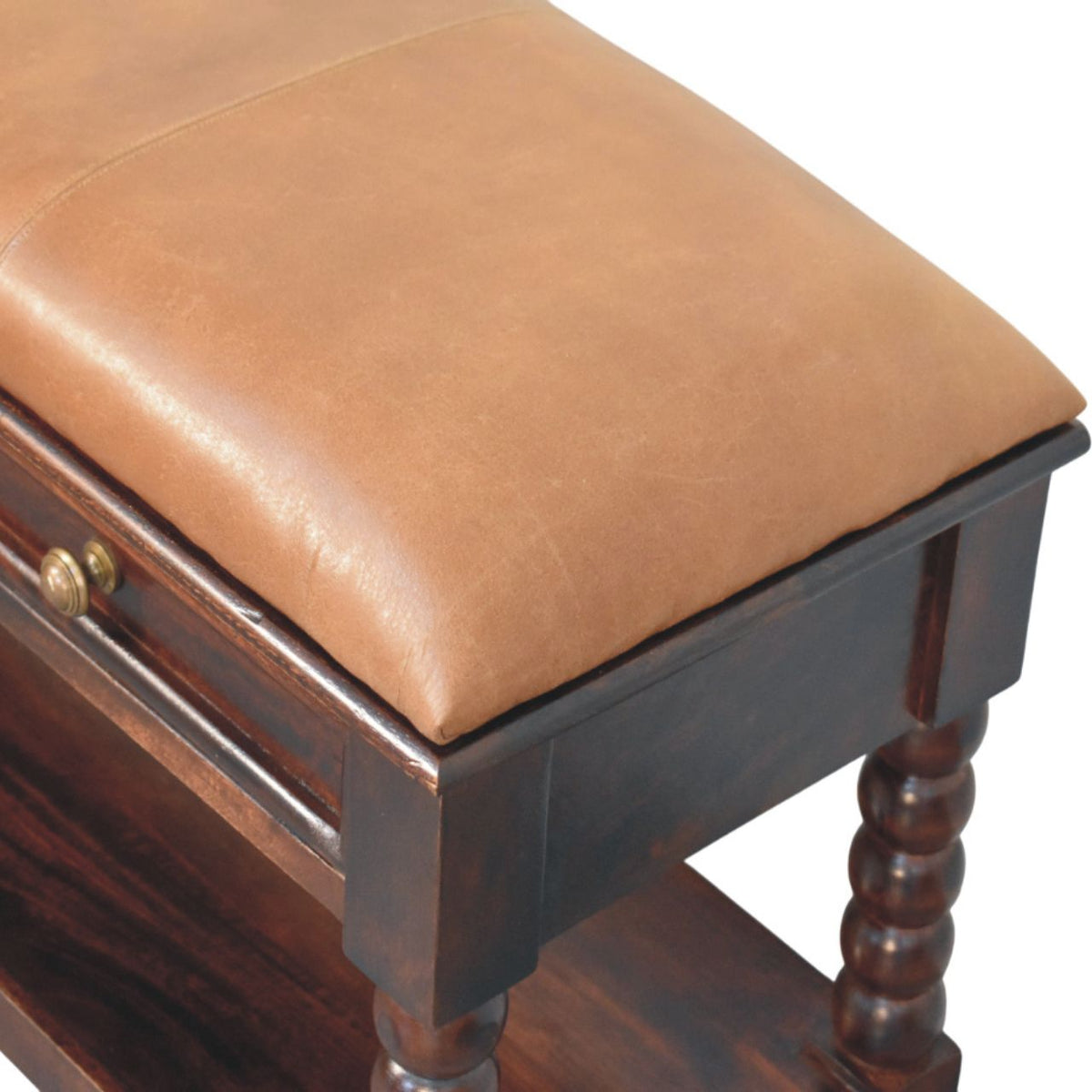 Sutton Buffalo Leather Spindle Winewood Bench with Storage