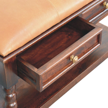 Sutton Buffalo Leather Spindle Winewood Bench with Storage