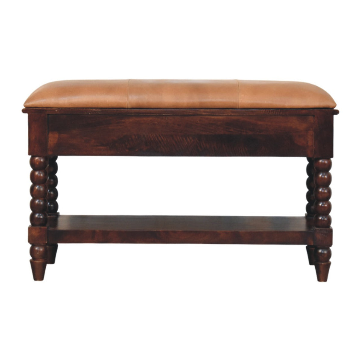 Sutton Buffalo Leather Spindle Winewood Bench with Storage