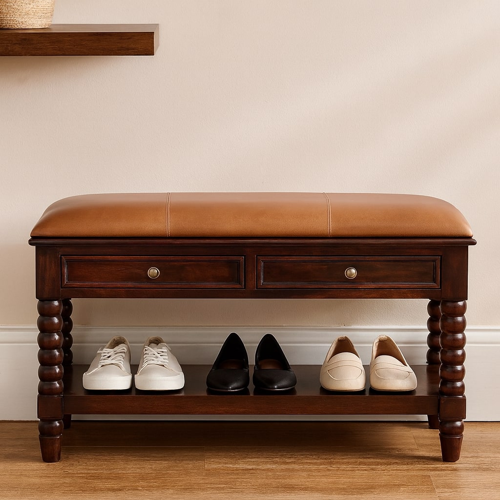 Sutton Buffalo Leather Spindle Winewood Bench with Storage