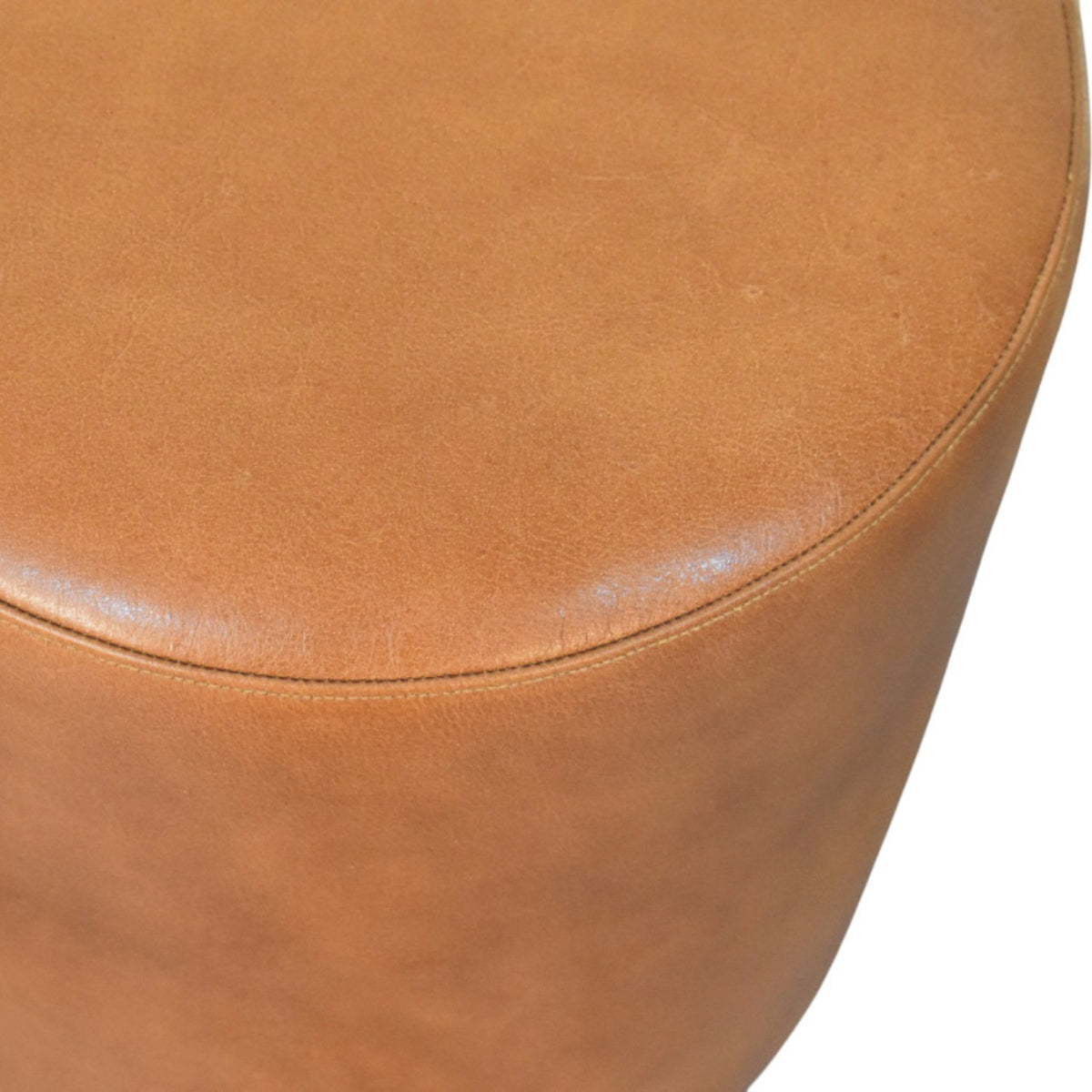 Austin Oak Round Brown Leather Footstool