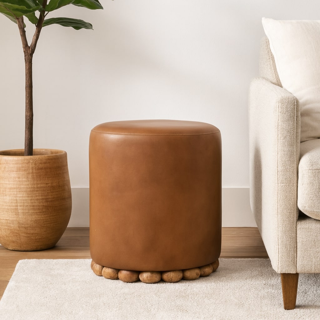 Austin Oak Round Brown Leather Footstool