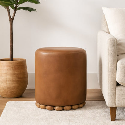 Austin Oak Round Brown Leather Footstool